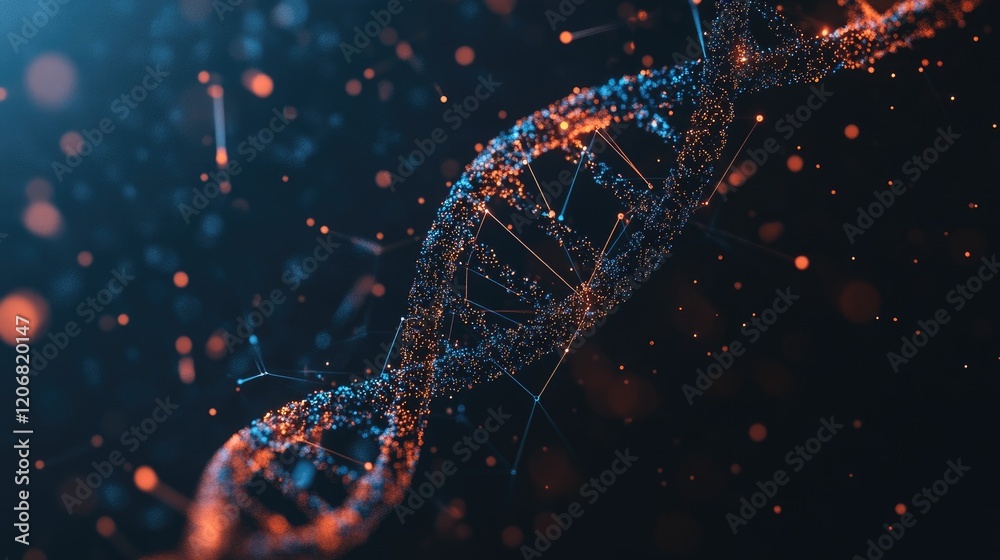 Poster molecular structure with dna strands and scientific graphs, illustrating the advanced technologies i