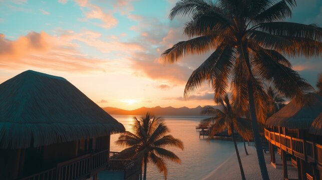 Tropical resort with palm trees and ocean view at sunset