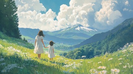 Fototapeta premium Mother and daughter holding hands while walking in a serene grass field, representing care, affection, and the beauty of nature.