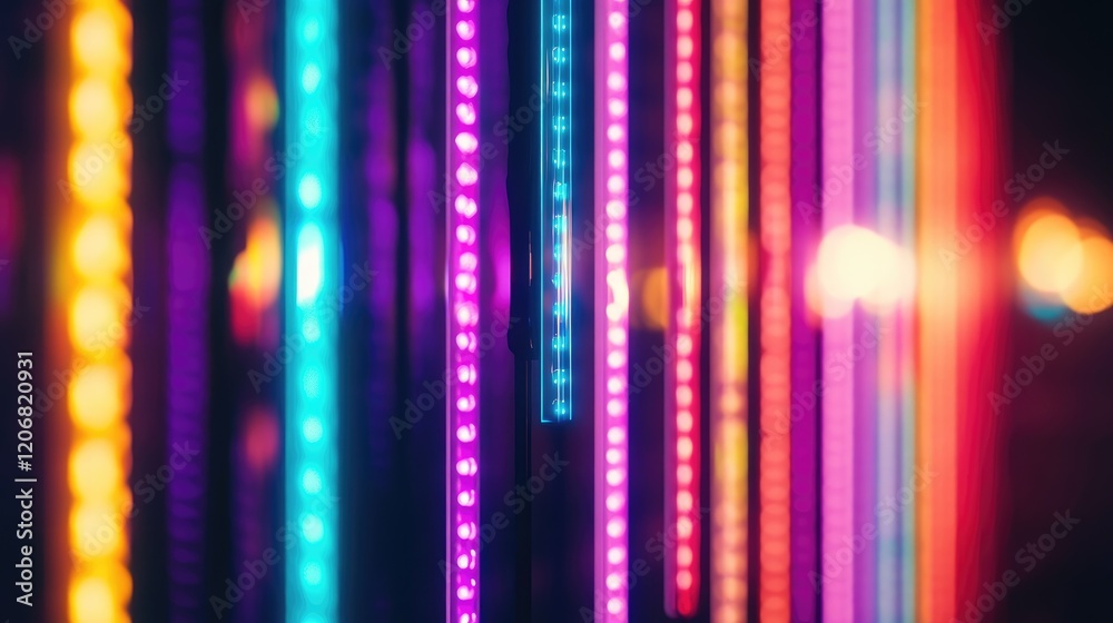 Aufkleber Neon rainbow lights with a sparkling glow effect, creating a defocused festive background with a dark, bokeh-inspired vibe, ideal for creative projects.