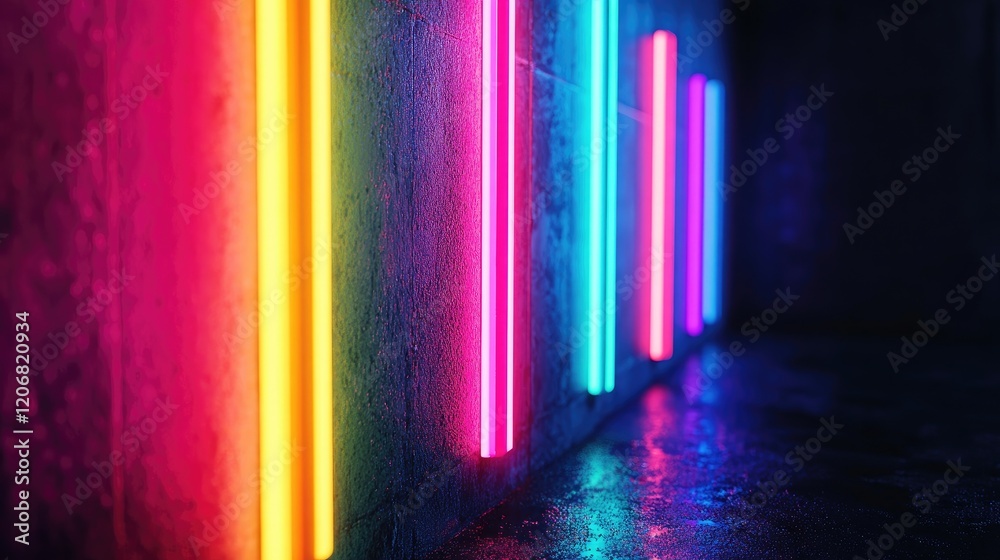 Poster Neon rainbow lights with a sparkling glow effect, creating a defocused festive background with a dark, bokeh-inspired vibe, ideal for creative projects.