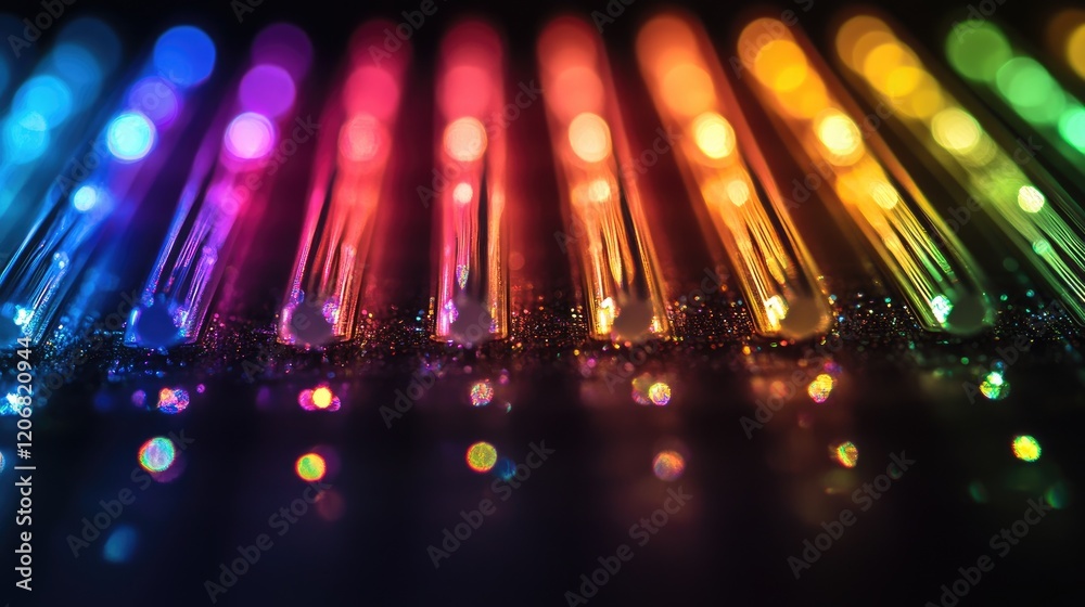 Aufkleber Neon rainbow lights with a sparkling glow effect, creating a defocused festive background with a dark, bokeh-inspired vibe, ideal for creative projects.