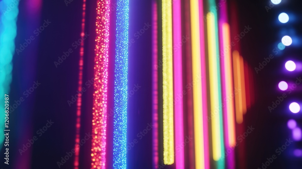 Poster Neon rainbow lights with a sparkling glow effect, creating a defocused festive background with a dark, bokeh-inspired vibe, ideal for creative projects.