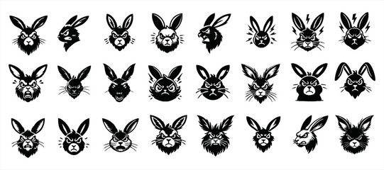 Set of rabbit heads with open mouth and bared fangs, with different angry expressions of the muzzle. Symbols for tattoo, emblem or logo, isolated on a white background.