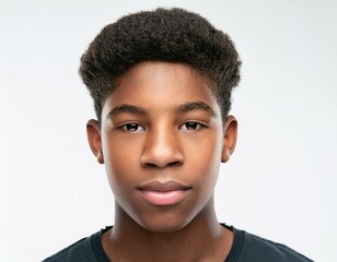 Close-Up Portrait of African Teenager with Defined Defined Defined Defined Soft Curly Texture on White Background