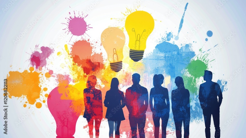 Poster people in a group brainstorming session, with splashes in the shape of light bulbs, representing cre