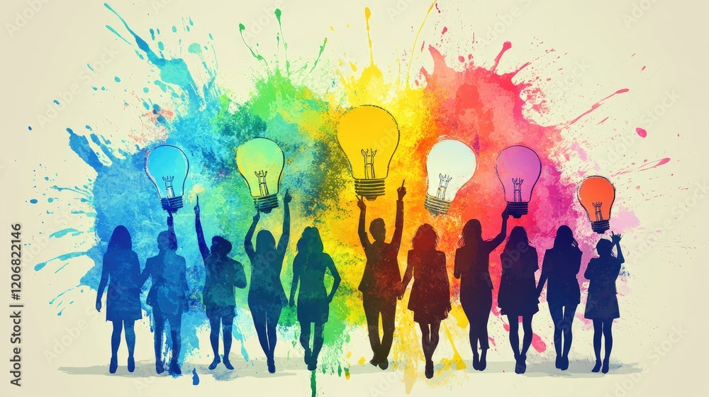 Poster people in a group brainstorming session, with splashes in the shape of light bulbs, representing cre