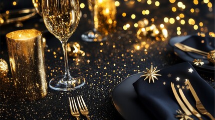 A classy New Year's Eve theme with subtle golden sparkles on a black canvas, leaving a large blank zone. 