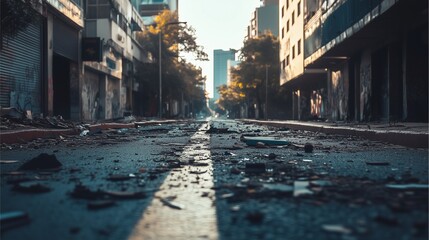 A quiet street scene with faint remnants of a celebration with streamers and confetti blown across the sidewalk. 