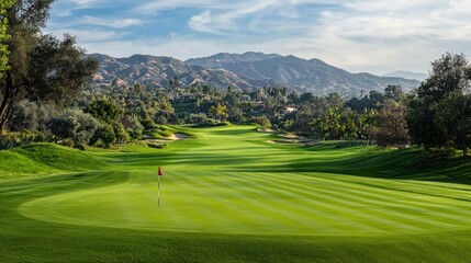 Obraz premium Serene Golf Course Landscape with Mountain Views