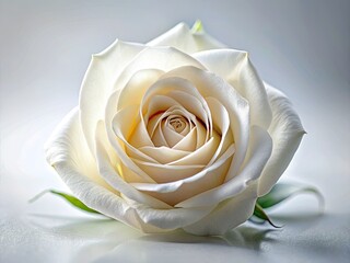 Delicate white rose macro, softly lit, minimalist, close-up, pure white backdrop.