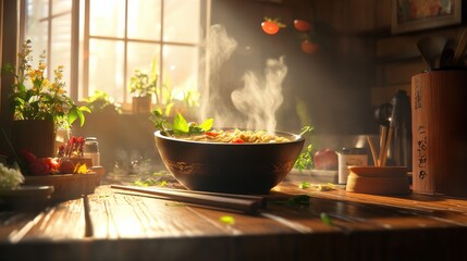 Fototapeta premium Sizzling culinary creation cozy kitchen food photography warm ambiance close-up deliciousness in every bite