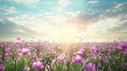 Fototapeta premium vibrant field of purple flowers under bright sky at sunrise, creating serene and uplifting atmosphere