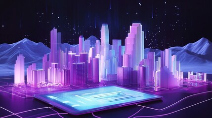 Glowing iPad Displays Financial Charts: Abstract Marketing Background for Shopping Festival. Dynamic Curves, Blue-Purple Light Streams, Transparent Architecture, Snowy Mountains, and Geometric Shapes 