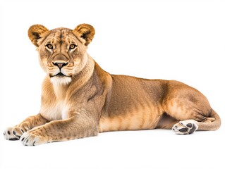 Obraz premium Majestic Lioness Resting Gracefully on White Background Wildlife Photography