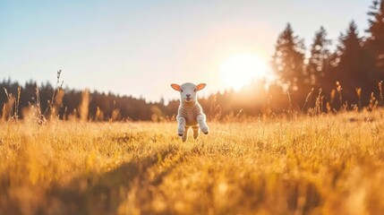Playful lamb jumping in a golden sunset field