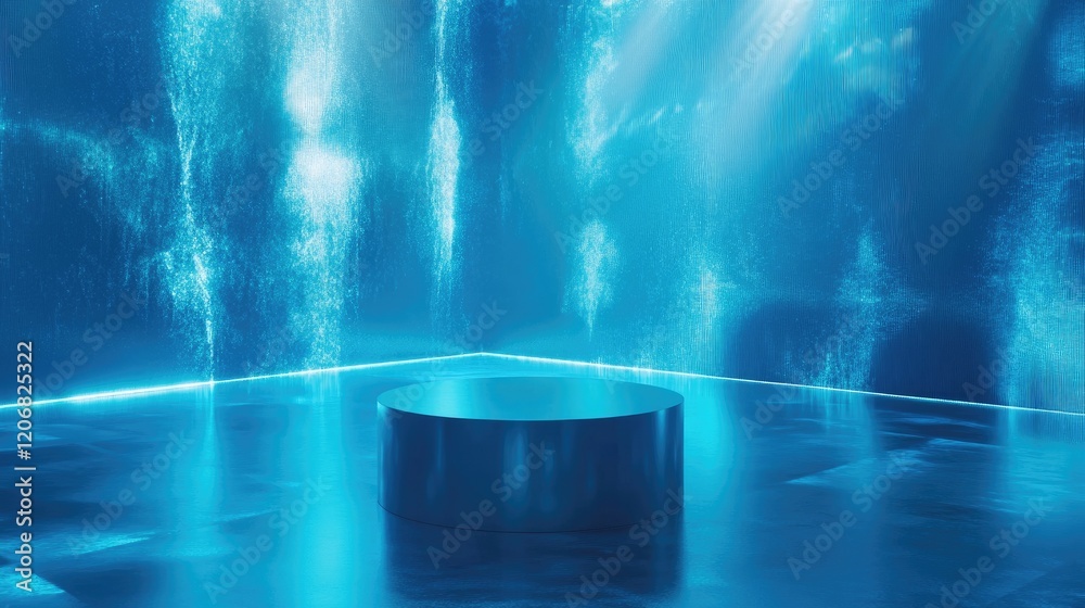 Aufkleber surreal empty stage with a cylinder podium and a circle shape on a holographic neon blue background.