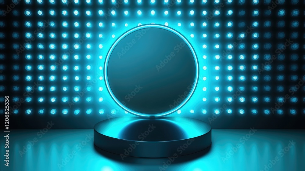 Aufkleber surreal empty stage with a cylinder podium and a circle shape on a holographic neon blue background.