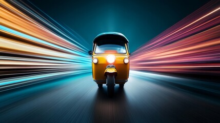 Dynamic and Vibrant Scene of a Tuk Tuk Racing Through Futuristic City Lights with Motion Blur and Colorful Streaks Conveying Speed and Excitement