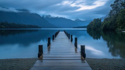 Obraz premium Lake pier dawn, mountain reflection, tranquil scene, travel