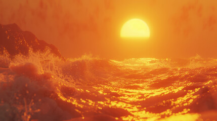 Obraz premium Sunset over ocean waves creates warm, tranquil atmosphere with vibrant orange hues reflecting on water surface, evoking sense of peace and serenity