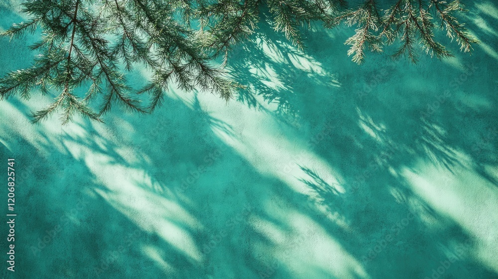 Poster textured green concrete wall with abstract fir tree shadows. nature concept background with space fo