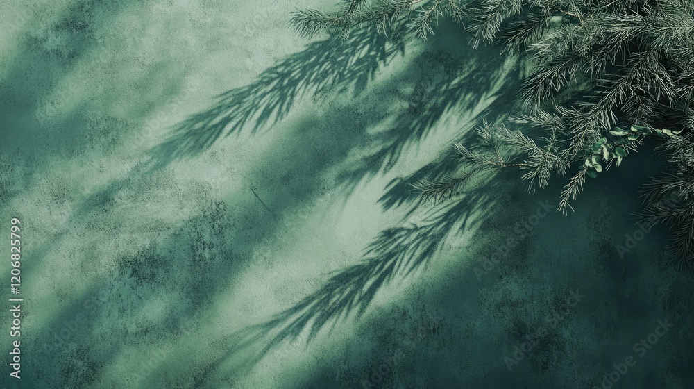 Poster Textured green concrete wall with abstract fir tree shadows. Nature concept background with space for poster or advertising mockups, ideal for a minimalist design.