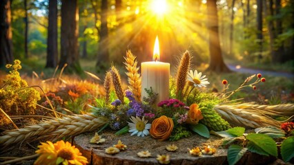 Forest Lammas rite: Sun amulet, wheat, flowers, candle burn bright, celebrate the harvest's might.