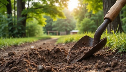 Fototapeta premium Garden shovel digging into soil with sunlight shining through trees in tranquil outdoor setting 
