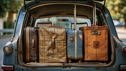 Vintage luggage in car trunk, showcasing different styles and colors, evokes sense of nostalgia and adventure. Perfect for travel enthusiasts and retro lovers