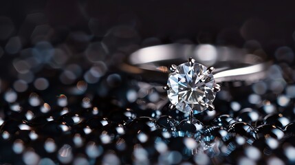 Fototapeta premium Exquisite diamond ring with round cut stone. Solitaire engagement ring with six prong setting.