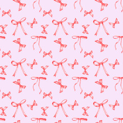 Coquette seamless pattern Red ribbon bow watercolor