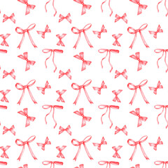 Coquette seamless pattern Red ribbon bow watercolor