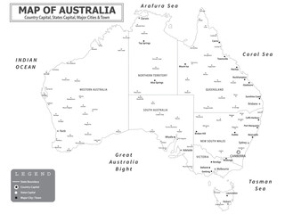 Obraz premium Australian Countries Geography Political map. Political map of country with capital, province or state capital, major cities and town.