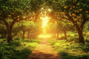 Naklejka premium Sunlit path through a citrus grove.