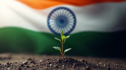 Indian flag with a small sapling in soil symbolizing growth and hope for the future