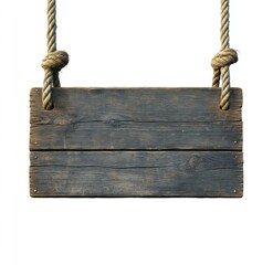 Rustic wooden sign hanging on ropes.