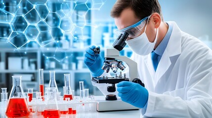 Scientist investigating samples under microscope in laboratory scientific research modern environment close-up perspective