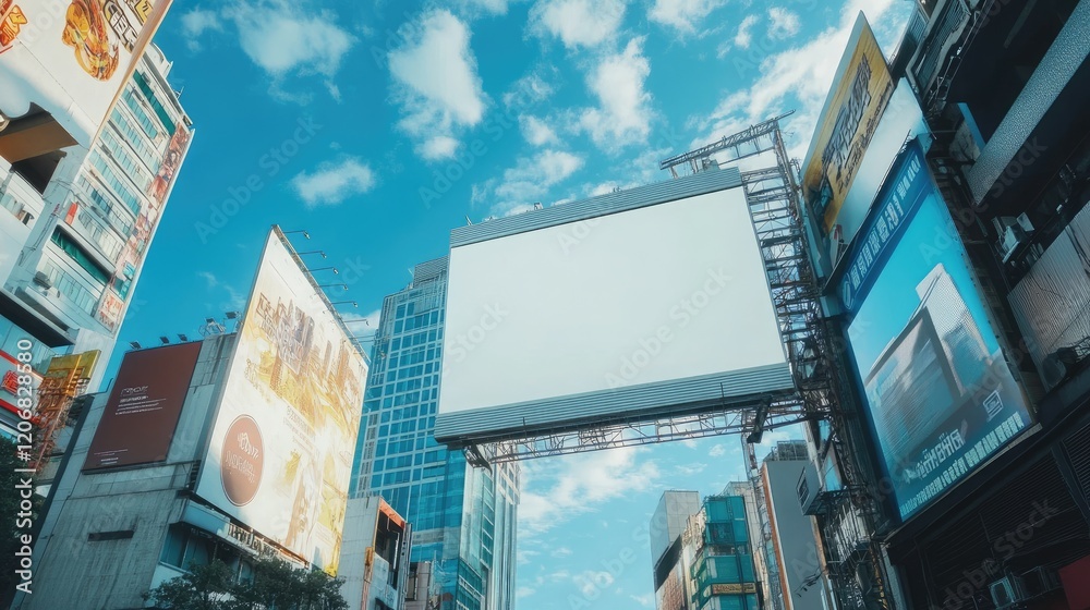 Poster white blank billboard with blue sky background, creating a clean and open space for advertising or p