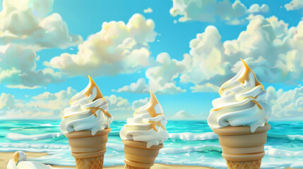 Delicious ice cream cones with swirls of cream against vibrant beach backdrop, evoking sense of summer joy and relaxation