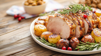 Roast Turkey with Potatoes and Cranberries: A succulent roast turkey, glistening with savory juices, is elegantly presented with roasted potatoes, cranberries.