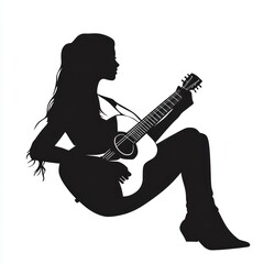 Naklejka premium Silhouette woman playing guitar, studio, white background, music design.