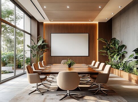 Modern conference room with large blank screen displaying mocha mousse color palette