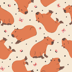 Cute hand drawn seamless pattern with capybaras and butterflies. Animal vector background for fabric or wallpaper design