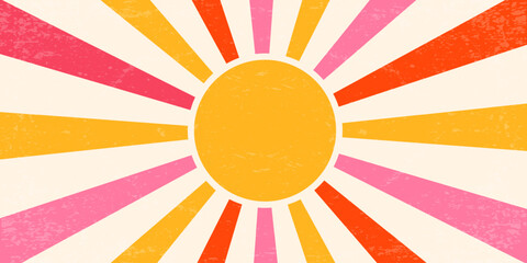 Retro sun background. Vector pattern with radial rays and grunge texture. 70s abstract vintage summer poster. Orange and pink beams on old paper backdrop