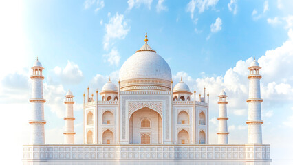 Fototapeta premium Taj Mahal bathed in soft daylight, showcasing its iconic white marble domes and minarets, set against serene blue sky with scattered clouds. Concept of tourism, travel, and Indian historical beauty