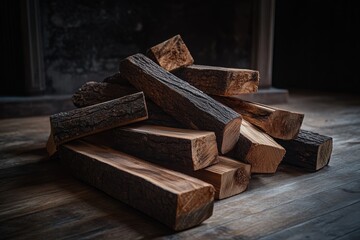 Stack of firewood logs on wooden floor near fireplace.