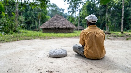 A person sitting quietly on the ground, facing a thatched-roof hut in a lush green forest.