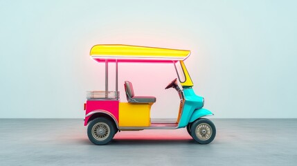 Fototapeta premium Colorful and Modern Tuk-Tuk Vehicle with Neon Accents in a Minimalist Studio Setting for Unique Travel and Transportation Concepts