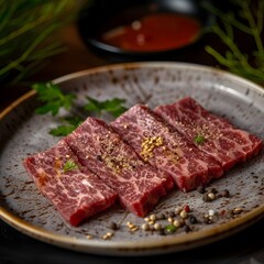 A plate of meat with a sprinkle of pepper and parsley